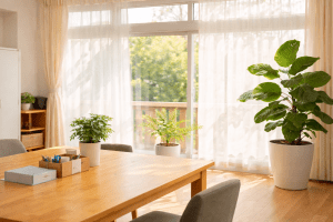 明るく清潔な就労継続支援B型事業所の作業スペースのイメージ