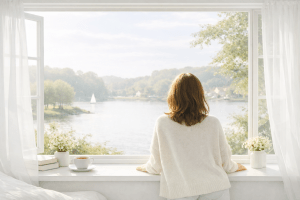 窓の外を眺める女性の後ろ姿