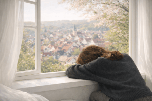 窓辺で顔を伏している女性の後ろ姿