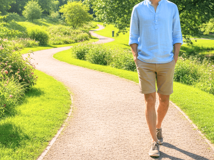 初夏の陽気に遊歩道を歩く男性。