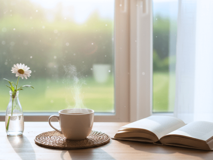朝の窓辺とホットコーヒー、本と白い花の一輪挿しがある穏やかなイメージ