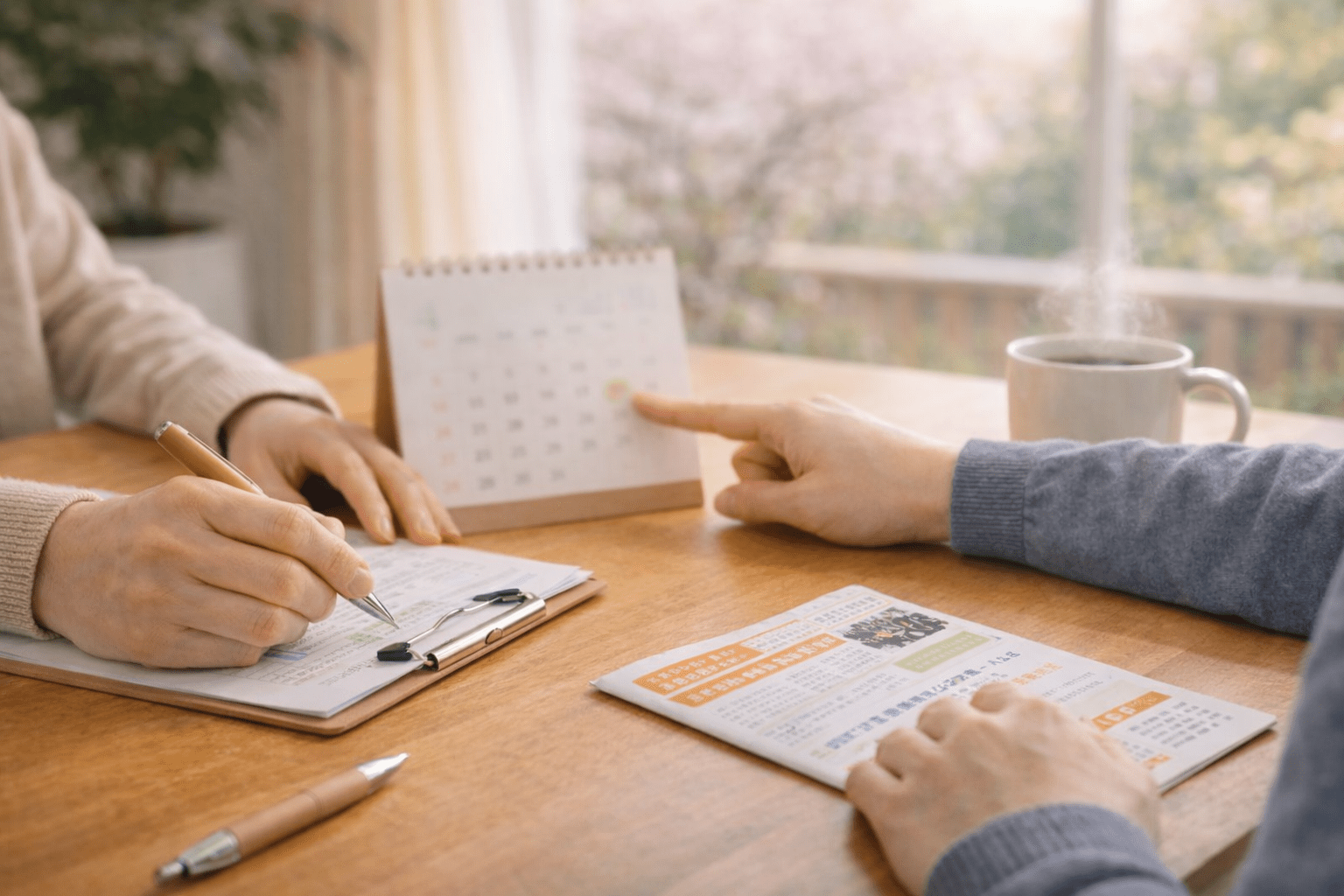 窓辺のテーブルで向かい合って相談をする2人。右側の人は卓上カレンダーを指差し、左側の人はメモを取っている。穏やかな雰囲気。